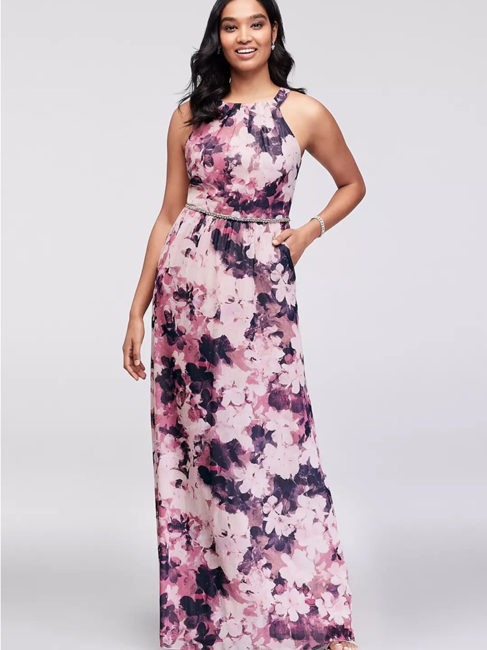SL Fashions Pink and Purple Floral Halter Maxi Dress